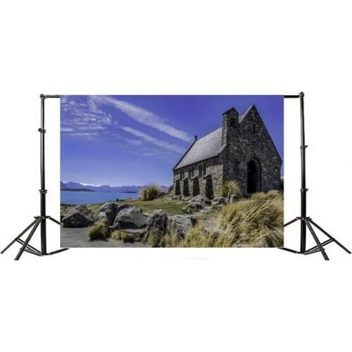 Photography Backdrop Seaside Vintage Old Brick House Grass Field Weathered Stones Blue Sky White Cloud Nature