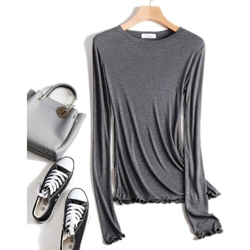 Cotton Knitted Deep O-Neck Slim Tops Sexy T shirt Front Button Ruffles Long Sleeve Autumn Elegant Women T-shirt See Through 2021