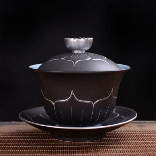 Ceramic Lotus Tea Cup Kung Fu Gaiwan Tea Pot Home Office Handmade Tea Bowl with Cover and Saucer Set Travel Tea Set Drinkware