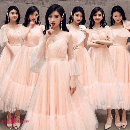 Beauty Emily 6 Styles Bridesmaid Dresses Lace O Neck Tulle Party Gowns For Wedding Pleated Prom Gowns Vestido de dama de honor