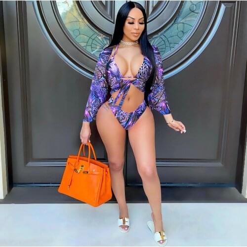 Sexy Three Pieces Swimsuits Women High Cut Bandage Bikinis Set Push Up Halter Bathing Suit with Long Sleeve Crop Top Cover Up