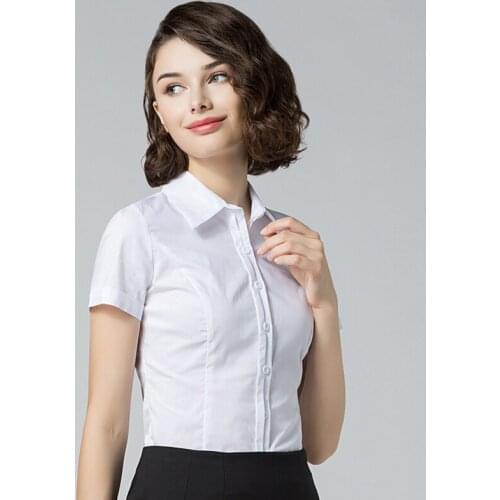 Summer Basic White Ladies Shirt Cotton Short Sleeve V-Neck Shirt For Women New Capable Slim Professional Wear Application Suit