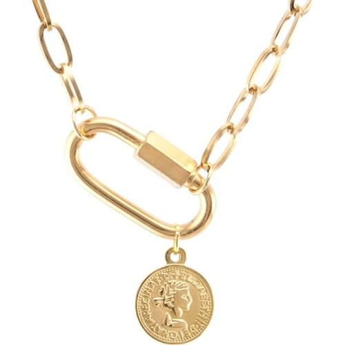 2021 Women Lucky Coin padlock heavy necklace Stainless steel gold color strong Carabiner charm Statement Collares long choker