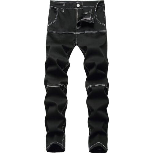 Mens Black Slim Stretch Denim Jeans Spliced Patchwork Contrast Color Pants Streetwear Trousers