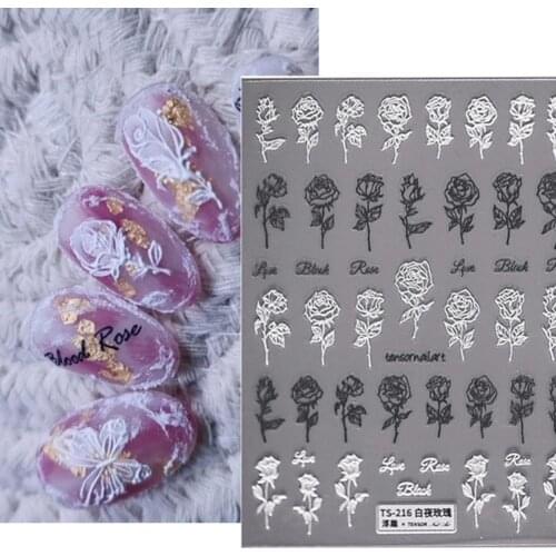 5D Nail Embossed Sticker Engraved Multiple Shapes Non-Fading White Nail Sticker Rose Feather Design Transfer for Manicure