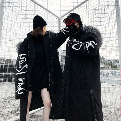 The2018 new detachable fur collar splashed ink long cotton-padded jacket for women who wear a knee-length coat