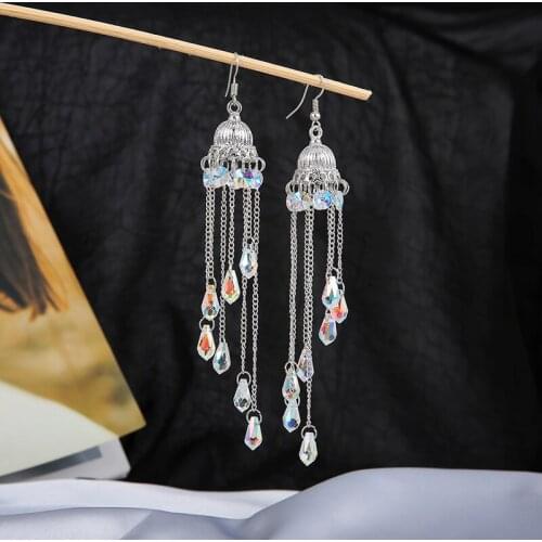New Woman Drop Earrings Shiny Crystal Cute Windbell Long Link Tassel Dangle Earrings Fashion Accessories Trendy Jewelry