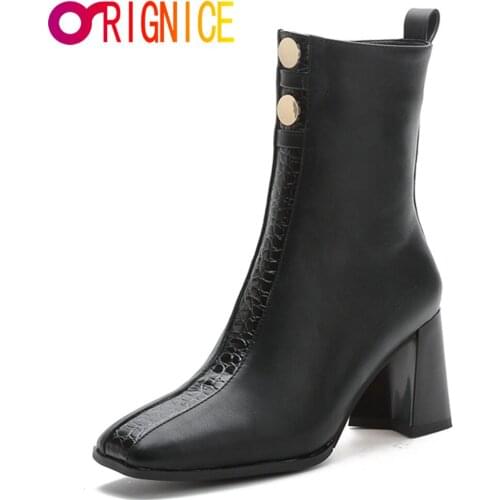 Orignice Women Ankle Boots Microfiber Plus Size Europe America Square Toe Chunky High Heel Stone Pattern Plain Patchwork Shoes