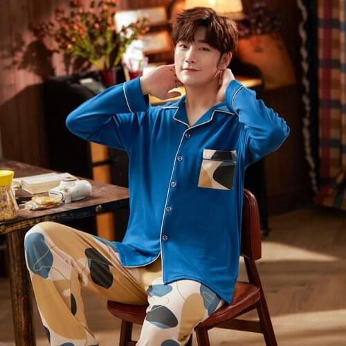 PURE Cotton Turn-down Collar Button-Down Long Sleeve Trousers Pajama Autumn Winter Boy Man cozy Jammies Nightwear Pyjamas cke