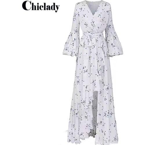 CHICLADY designer v-neck maxi dress floral printed sashes white asymmetrical lantern sleeve holiday beach party dresses robe za