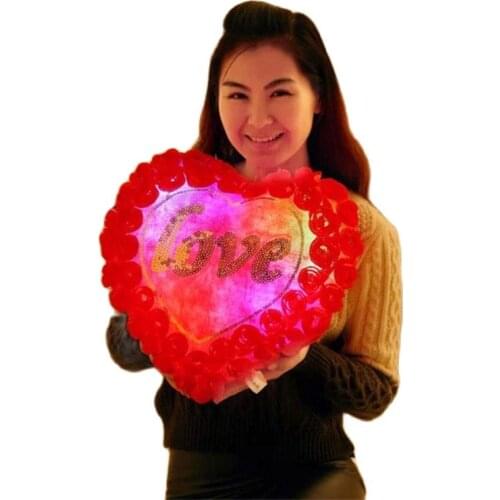 40x38cm Plush Heart-shaped Pillow Luminous Pillow Plush Toy Roses Wedding Pillow Colorful Glow Flashing Pillow