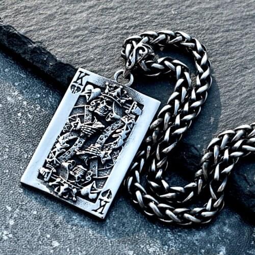 Hip Hop King Solomon Poker Pendant Necklace for Men Vintage Stainless Steel King of Spades Pendant Punk Gambler Lucky Jewelry