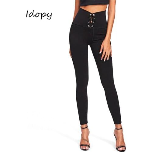 Idopy Casual Womens Drawstring Pencil Pants Slim Fit Solid Elastic High Waist Pants Female Special Legging Pants For Girls