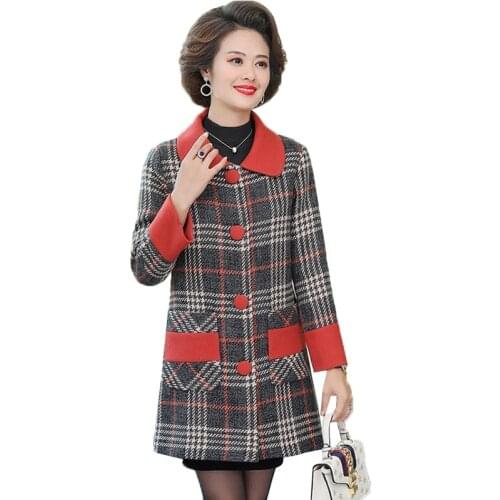Middle-aged Womens Wool Coat Autumn Winter Fashion Woolen Jacket Mid-Long Cardigan Plaid Coats Overcoat Plus Size Outerwear 5XL