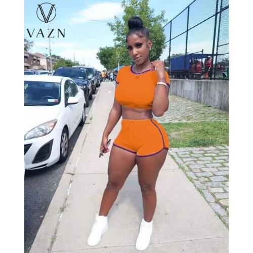 VAZN2021 new European and American Womens Pure Color Cotton Fabric Ribbon Sports Slim Shorts 2 Piece Set
