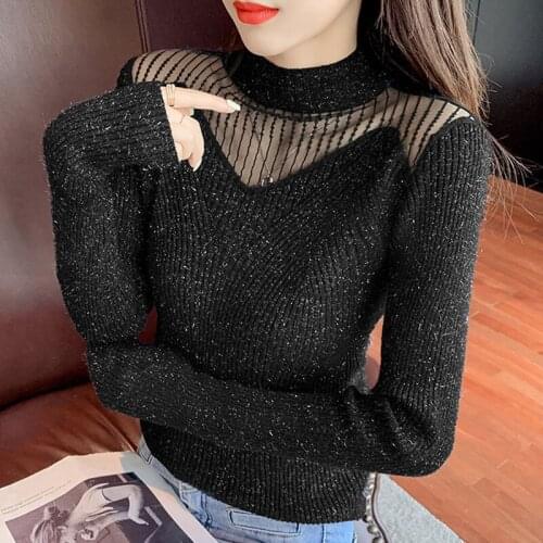 Womens Winter Sweaters 2021 Autumn Fashion Slim Hollow Mesh Stitching Black Long-sleeved Sweater Womens Elegant Female Top 1140