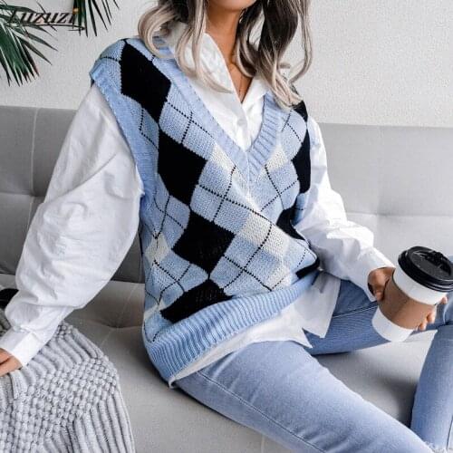 Luzuzi Knitted Sweaters Women Fashion 2021 Autumn Winter College V-neck Casual Plaid Sweater Vest Women Loose Knit Pullovers