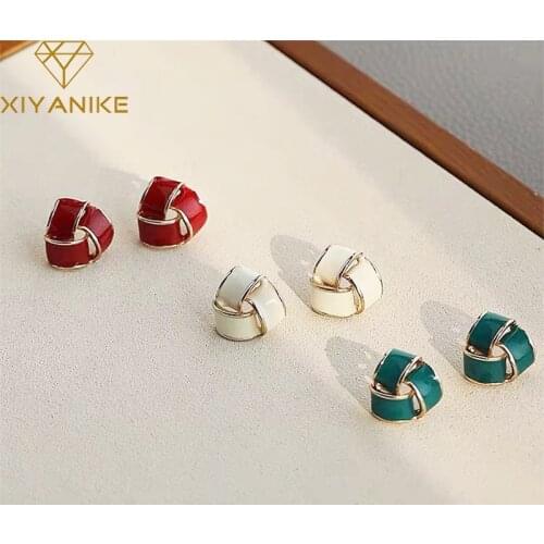 XIYANIKE Red Green White Three Color Woven Earrings Geometric Retro Elegant Korean Earring Trendy Studs Fashion Jewelry Female