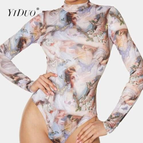 YiDuo Vintage Character Print Long Sleeve Bodysuit 2020 Autumn Streetwear Women Skinny Bodycon Jumpsuit Femme Sexy Bodysuits