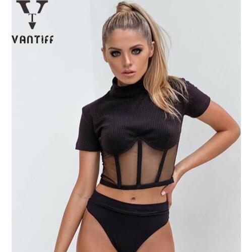 2020 Bodycon Women Tops Sexy Black Shirts Female Short-sleeved T-shirt Women Sexy Mesh Stitching Top Woman Tshirts for Girl