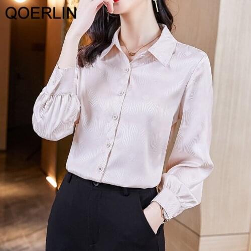 QOERLIN Jacquard Silk Shirt Womens Long Sleeve 2021 Spring Fall New Fashion Heavy Silk Blouse Plus Size Pink Shirts Blue Blouse