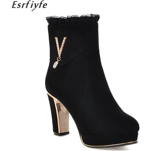 ESRFIYFE 2020 Fashion Black Ankle Boots for Women Thick Heels Spring Autumn Suede Platform Shoes High Heels Zipper Ladies Boots