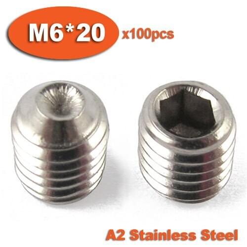 100pcs DIN916 M6 x 20 A2 Stainless Steel Screw Cup Point Hexagon Hex Socket Set Screws