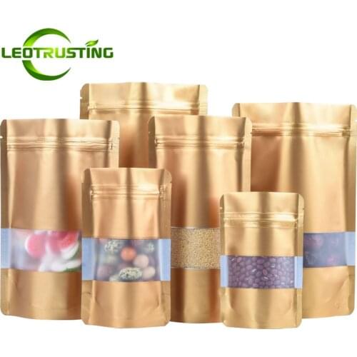 100pcs Stand up Matte Champagne Gold Aluminum Foil Window Zip Lock Bag Resealable Coffee Cereals Spice Tea Seeds Sealing Pouches