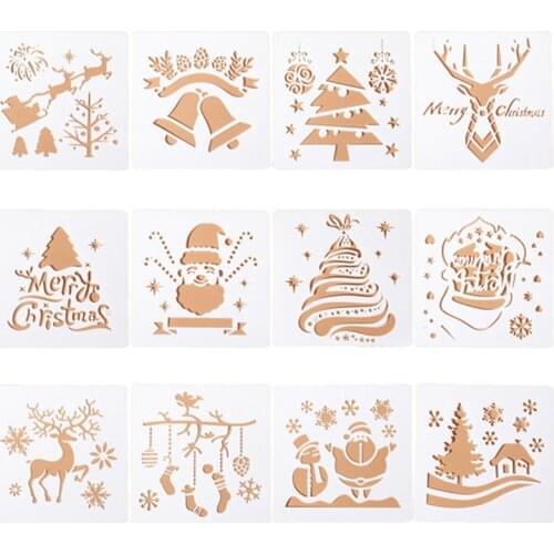 12pcs Merry Christmas Stencil Plastic Copies Christmas Tree Coloring Spray Board Reindeer Santa Claus Stencils Childrens Gift