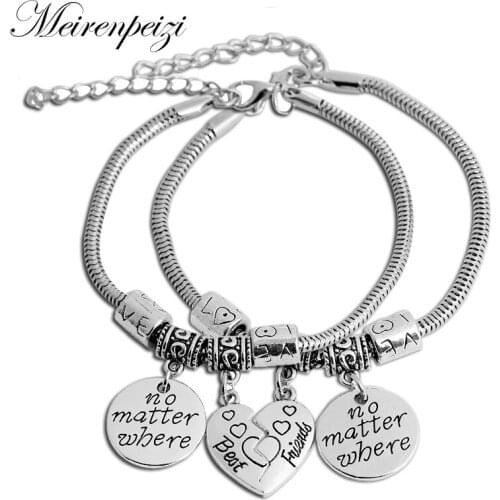 2pcs BBF Best Friends No Matter Where Compass Split Broken Heart Double Bracelets Set Friendship Gift