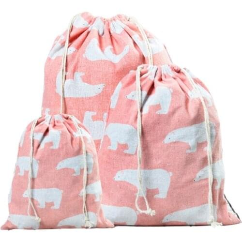 3pcs Linen Drawstring Bags Organizer For Clothes Printed Travel Storage Case for Underwear Sundries Storing Toys 3 Sizes
