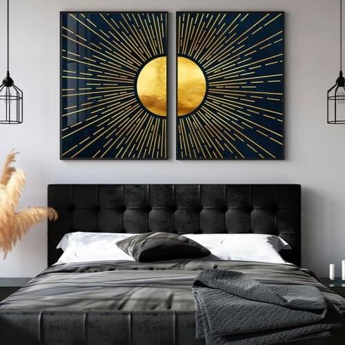 Abstract Landscape Wall Art Gold Sun Poster Mid Century Modern Canvas Painting Print Minimalist Picture for Living Room Decor