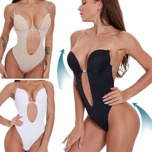 Bodysuit Shapewear Deep V-Neck Body Shaper Backless U Plunge Thong Shapers Waist Trainer Women Clear Strap Padded Push Up Corset