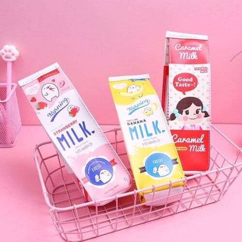 1 Pcs Cartoon Milk Bottle Pencil Case School Cute PU Pen Bag Student Kawaii Storage Pouch Stationery School Supplies