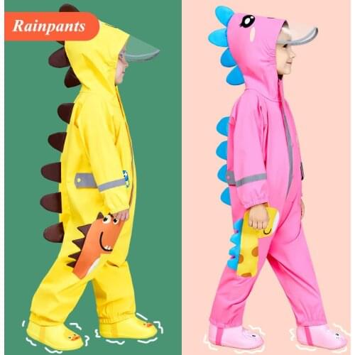 Childrens Raincoat Warterproof Hooded Cartoon Dinosaur Kids Rain Pants For Boys Girls 90-130 Rainwear Overalls LM026