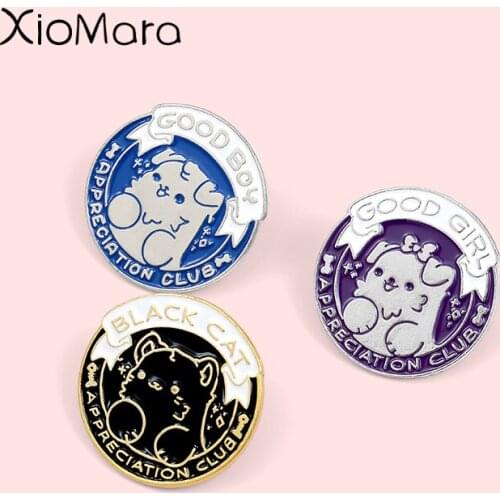 Cuteee Pet Club Enamel Pins Good Girl Boy Cat Dog Animal Jewelry Round Banner Partner Badge Brooches Lapel Pin For Friends Gifts