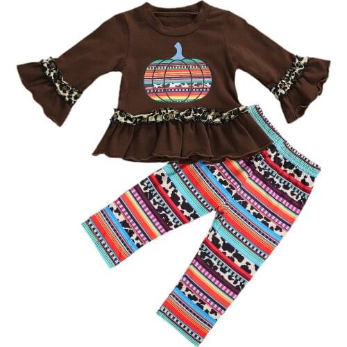 FOCUSNORM Halloween Baby Girls Clothes Sets Pumpkin Print Ruffles Long Sleeve Pullover Tops Striped Pants