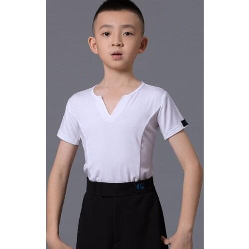 Boys Latin Dance Practice Tops White Short-Sleeved Shirt For Boys Stage Performance Training Clothes Summer T-Shirts DWY2879