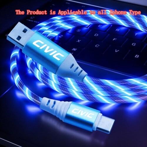Usb Cable For iphone 11 12 pro max Xs Xr X SE 8 7 Glowing LED Cable 3A Fast Charging Cable For Honda civic 20 10th Accessories