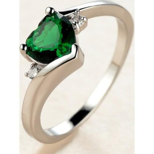 Classic Female Green Crystal Stone Ring Charm Silver Color Thin Engagement Rings For Women Trendy Love Heart Wedding Ring