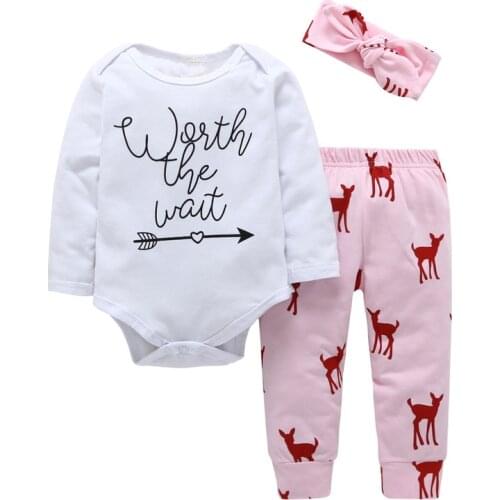 Baby girl clothes New arrivals Worth The Wait Bodysuit+deer pants+Headband 3pcs sets bebe kids clothing outfit Christmas gifts