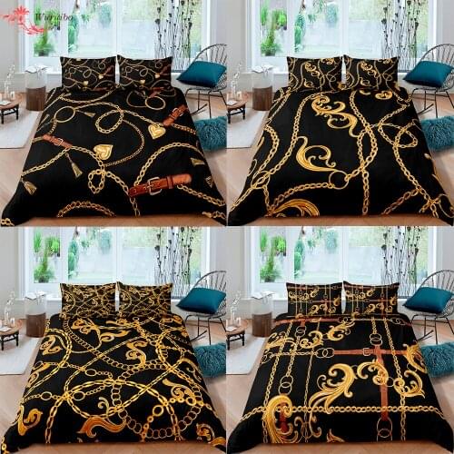 3D Golden Chain Bedding Set Geometric Belt Luxury Duvet Quilt Cover Set Bed Cover Pillowcase King Queen Full Sizes Bedclothes