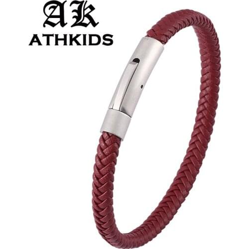 6mm Red Braided Leather Bracelets Unisex Fashion Jewelry Stainless Steel Snaps Accessories Weave Simple Bangles Gifts PD0463