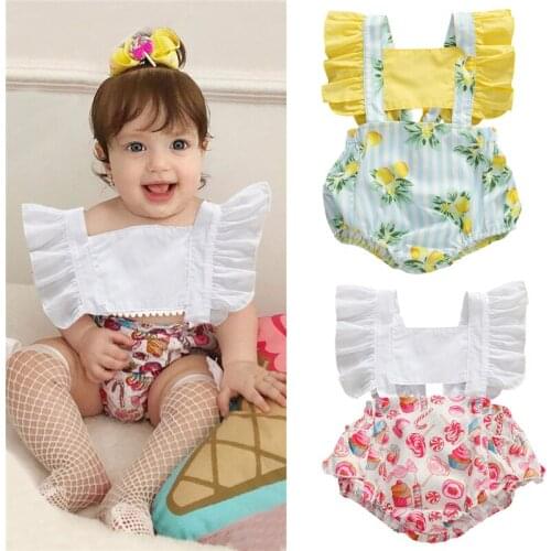 Summer Toddler Newborn Baby Kid Girl Clothes Print Square Neck Romper Ruffle Sleeve Jumpsuit Playsuit Sunsuit Outfits
