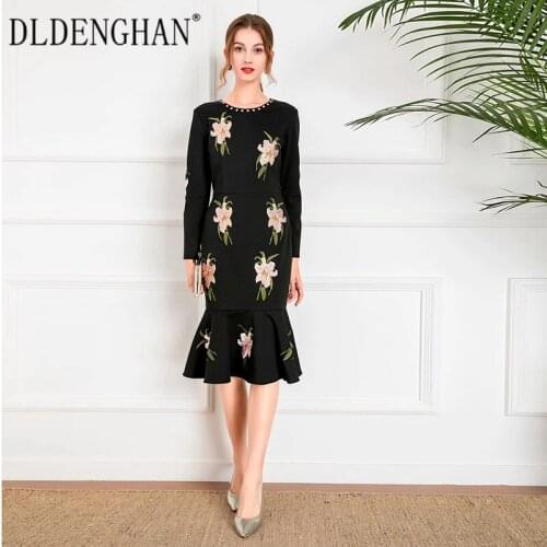 DLDENGHAN Fashion Runway Designer Autumn Mermaid Dress Women O-Neck Long Sleeve Crystal Diamonds Floral Embroidery Midi Dresses