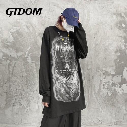 GTDOM Men 2021 Autumn New Cotton Casual T-shirts Hip Hop High Street Deep Black Graffiti Devil Print O-Neck Long Sleeve T-shirt