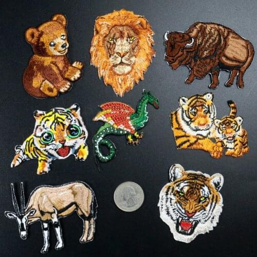 Tiger Lion Buffalo Brown Bear Embroidery On Patches For Clothing Applique Diy Hat Coat Dress Accessories Cloth Sticker Animal
