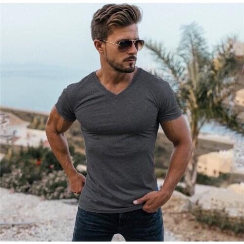 2021 New Mens Fashion Running Short Sleeve Fitness Tshirt Cotton Clothing Bodybuilding Trend Casual Sports V-neck T Shirts