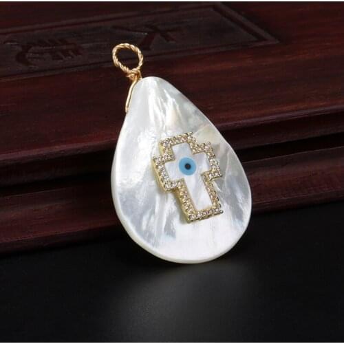 White cz pave blue eye religious cross charm natural white water drop abalone shell bead pendant choker necklace for women