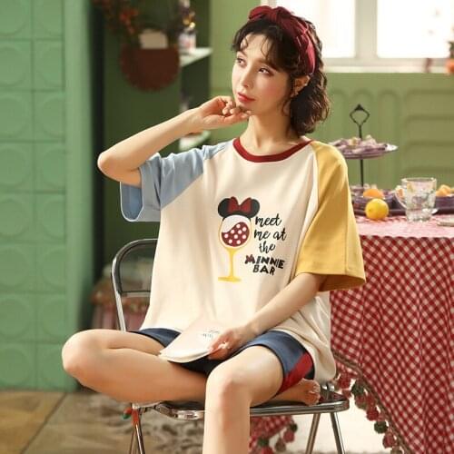 Plus Size Pajamas Women Summer Cotton Short-Sleeved Shorts Nightie 2 Piece 2021 New Cute Sleepwear Girl Cartoon Home Clothes Set